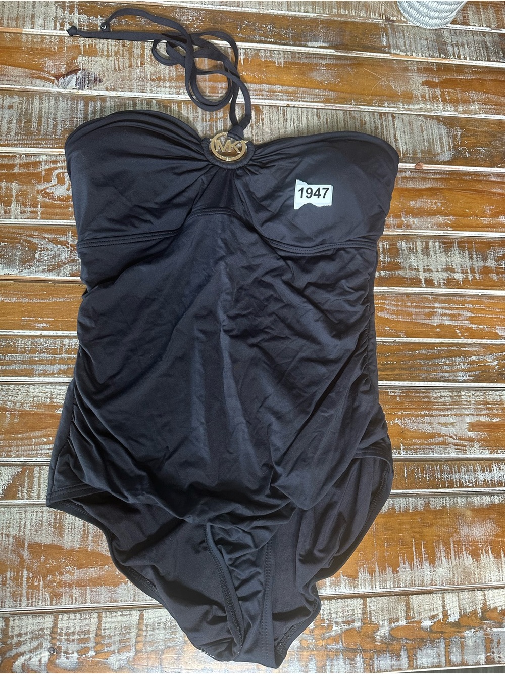 Michael Kors Black Strapless One-Piece Swimsuit with Gold MK Emblem